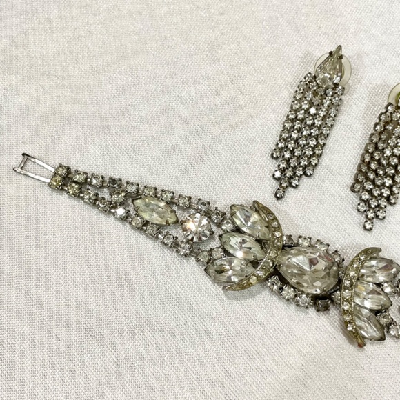 Vintage Art Deco Rhinestone Crystal Bracelet Earrings Bridal Jewelry Estate - Picture 9 of 11